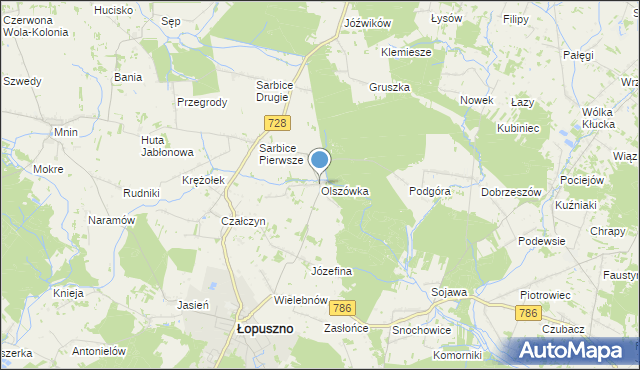 mapa Olszówka, Olszówka gmina Łopuszno na mapie Targeo