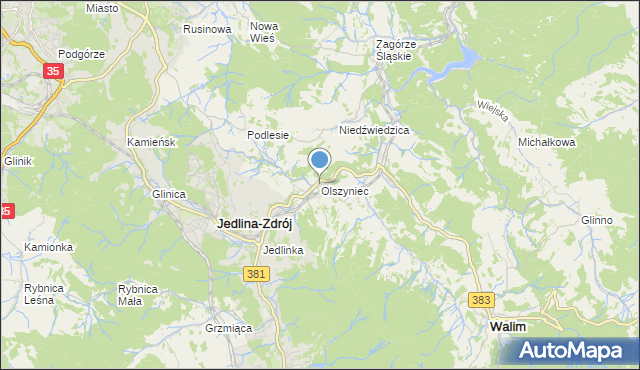 mapa Olszyniec, Olszyniec gmina Walim na mapie Targeo