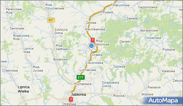 mapa Orawka, Orawka gmina Jabłonka na mapie Targeo