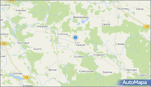mapa Osiecze, Osiecze gmina Świerzno na mapie Targeo