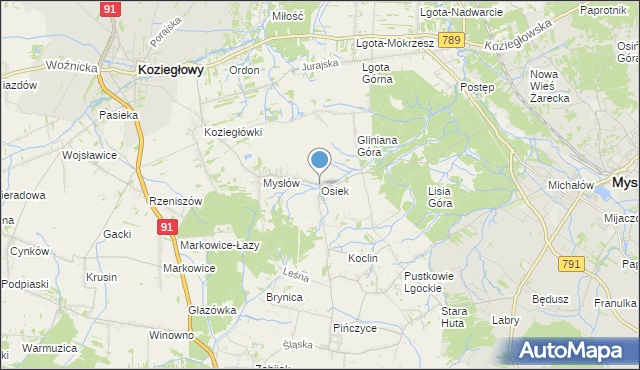 mapa Osiek, Osiek gmina Koziegłowy na mapie Targeo