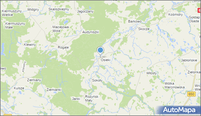 mapa Osieki, Osieki gmina Gołdap na mapie Targeo