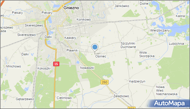 mapa Osiniec, Osiniec gmina Gniezno na mapie Targeo