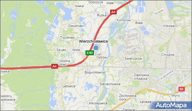 mapa Ostrów, Ostrów gmina Wierzchosławice na mapie Targeo