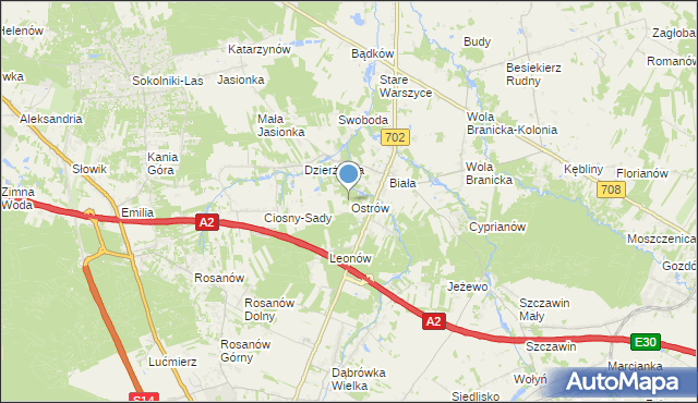 mapa Ostrów, Ostrów gmina Zgierz na mapie Targeo