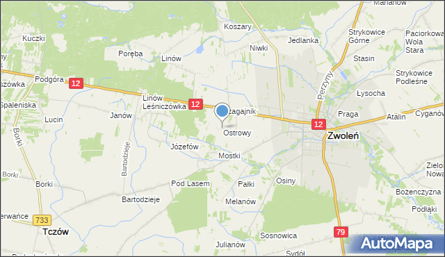 mapa Ostrowy, Ostrowy gmina Zwoleń na mapie Targeo