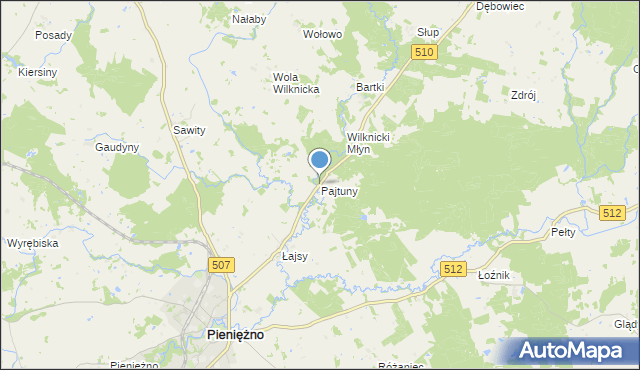 mapa Pajtuny, Pajtuny gmina Pieniężno na mapie Targeo