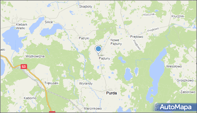 mapa Pajtuny, Pajtuny gmina Purda na mapie Targeo