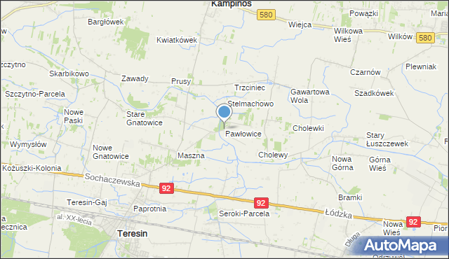 mapa Pawłowice, Pawłowice gmina Teresin na mapie Targeo