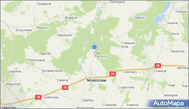 mapa Perzyny, Perzyny gmina Moskorzew na mapie Targeo