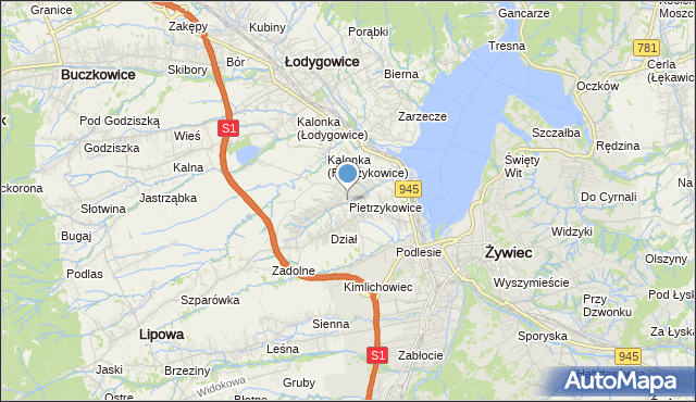 mapa Pietrzykowice, Pietrzykowice gmina Łodygowice na mapie Targeo