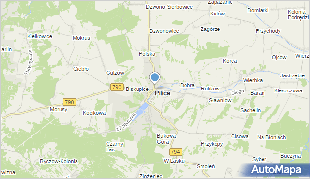 mapa Pilica, Pilica powiat zawierciański na mapie Targeo