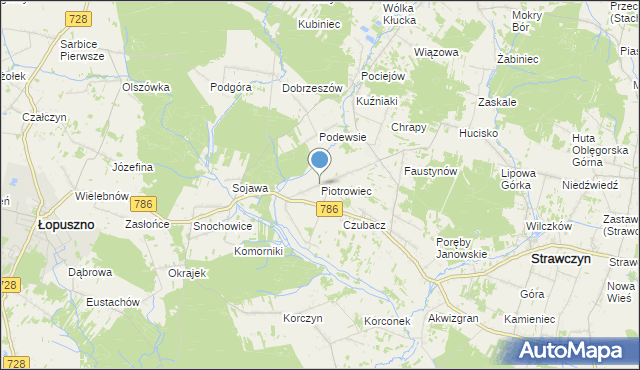mapa Piotrowiec, Piotrowiec gmina Łopuszno na mapie Targeo