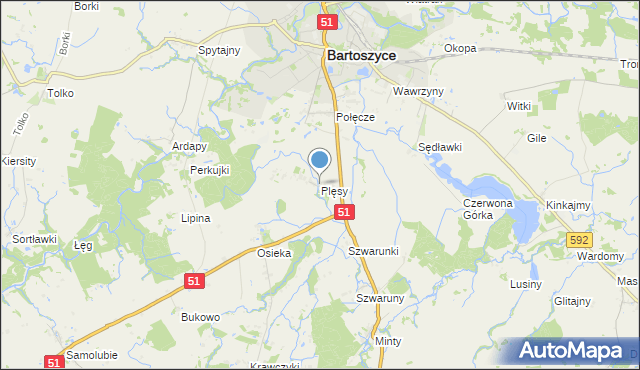 mapa Plęsy, Plęsy gmina Bartoszyce na mapie Targeo