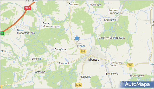 mapa Płonne, Płonne gmina Młynary na mapie Targeo