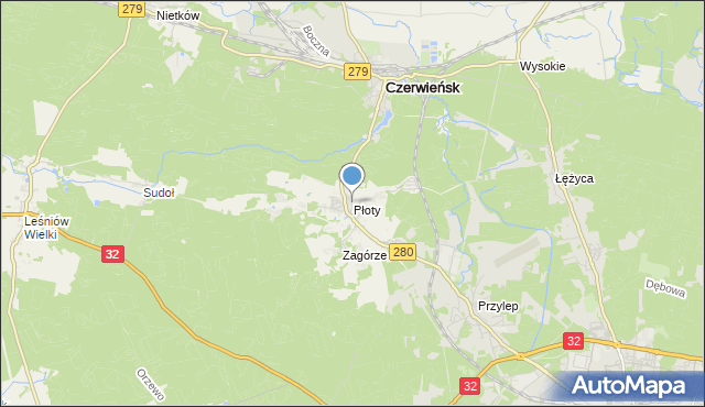 mapa Płoty, Płoty gmina Czerwieńsk na mapie Targeo