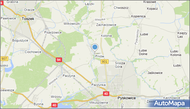 mapa Pniów, Pniów gmina Toszek na mapie Targeo