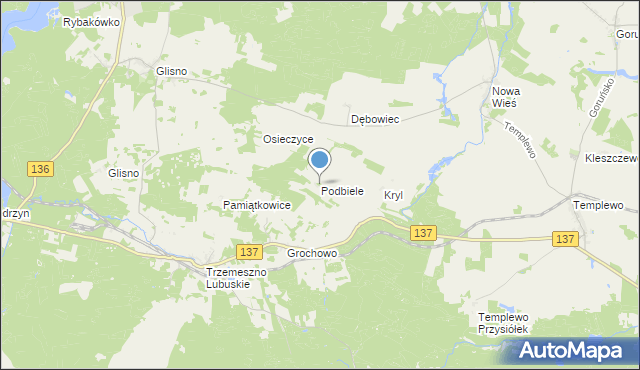 mapa Podbiele, Podbiele gmina Sulęcin na mapie Targeo