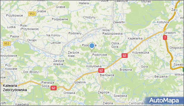 mapa Podchybie, Podchybie gmina Lanckorona na mapie Targeo