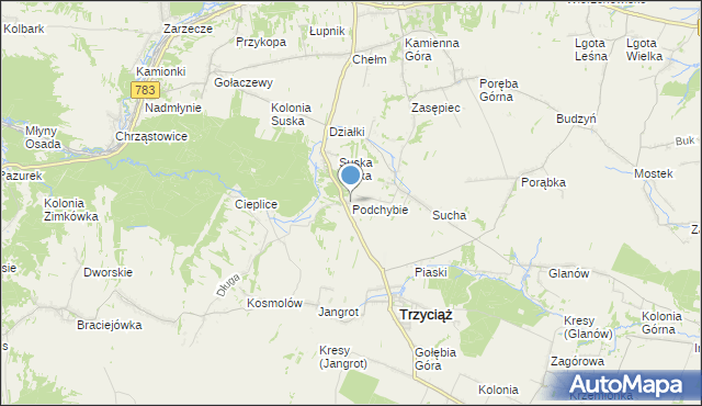 mapa Podchybie, Podchybie gmina Trzyciąż na mapie Targeo