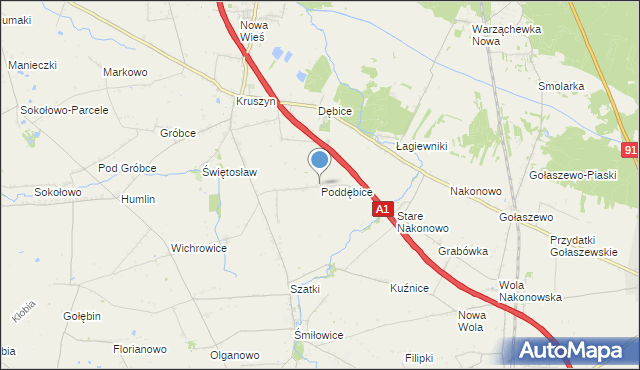 mapa Poddębice, Poddębice gmina Włocławek na mapie Targeo