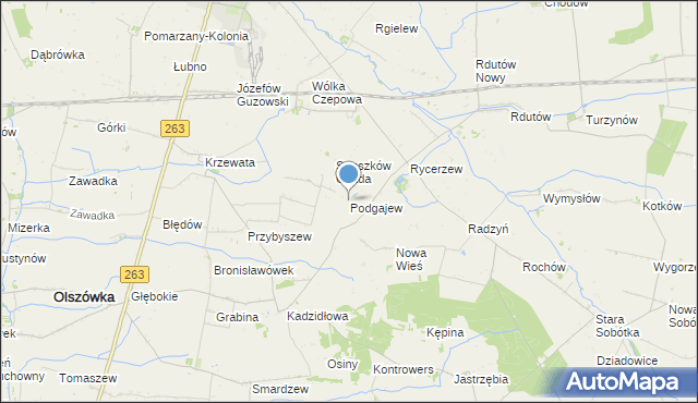 mapa Podgajew, Podgajew gmina Kłodawa na mapie Targeo