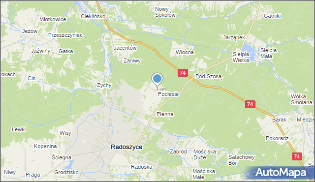 mapa Podlesie, Podlesie gmina Radoszyce na mapie Targeo