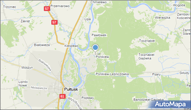mapa Ponikiew, Ponikiew gmina Pułtusk na mapie Targeo