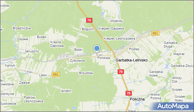 mapa Ponikwa, Ponikwa gmina Garbatka-Letnisko na mapie Targeo