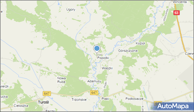 mapa Popiołki, Popiołki gmina Turośl na mapie Targeo