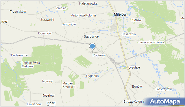 mapa Popławy, Popławy gmina Milejów na mapie Targeo