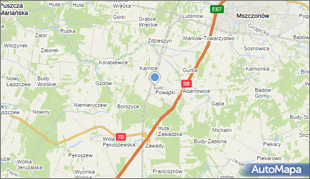 mapa Powązki, Powązki gmina Mszczonów na mapie Targeo