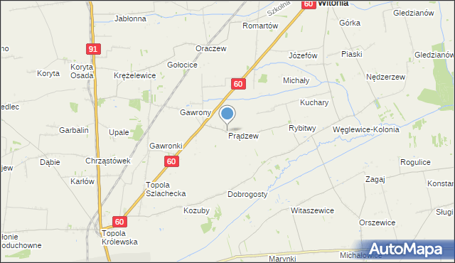 mapa Prądzew, Prądzew gmina Łęczyca na mapie Targeo