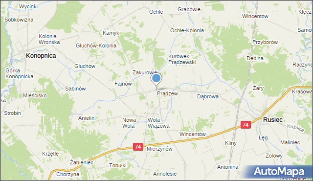 mapa Prądzew, Prądzew gmina Rusiec na mapie Targeo