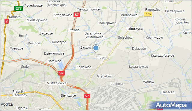 mapa Prusy, Prusy gmina Kocmyrzów-Luborzyca na mapie Targeo