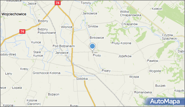 mapa Prusy, Prusy gmina Ożarów na mapie Targeo