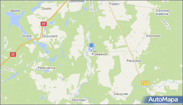mapa Przelewice, Przelewice gmina Człopa na mapie Targeo