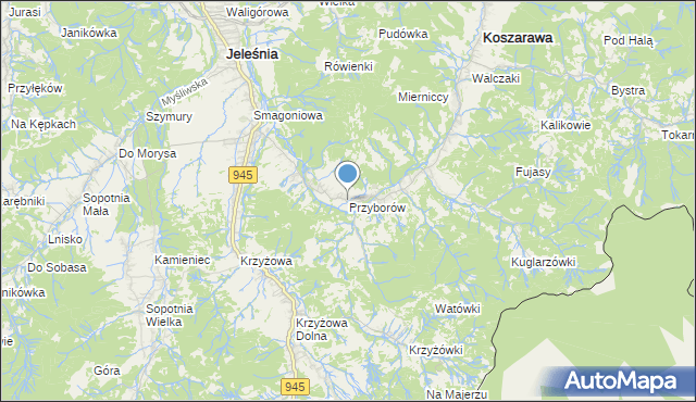 mapa Przyborów, Przyborów gmina Jeleśnia na mapie Targeo