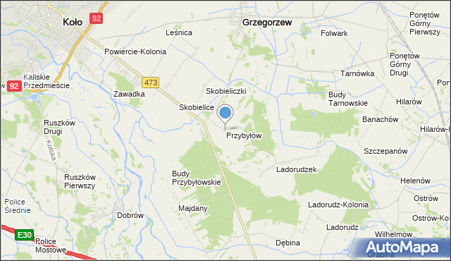 mapa Przybyłów, Przybyłów gmina Koło na mapie Targeo