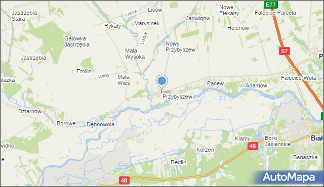 mapa Przybyszew, Przybyszew gmina Promna na mapie Targeo
