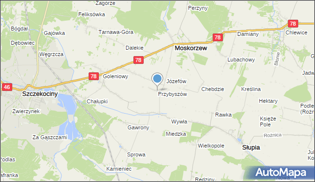 mapa Przybyszów, Przybyszów gmina Moskorzew na mapie Targeo