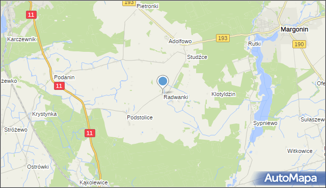 mapa Radwanki, Radwanki gmina Margonin na mapie Targeo