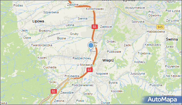 mapa Radziechowy-Wieprz, Radziechowy-Wieprz na mapie Targeo