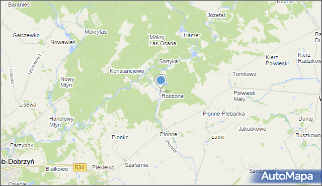 mapa Rodzone, Rodzone gmina Radomin na mapie Targeo