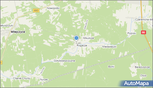 mapa Rogacze, Rogacze gmina Milejczyce na mapie Targeo