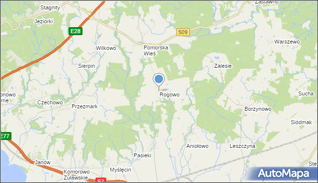 mapa Rogowo, Rogowo gmina Pasłęk na mapie Targeo