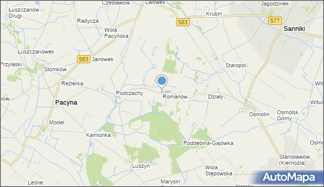 mapa Romanów, Romanów gmina Pacyna na mapie Targeo