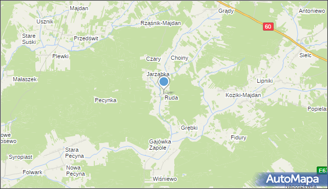 mapa Ruda, Ruda gmina Wąsewo na mapie Targeo