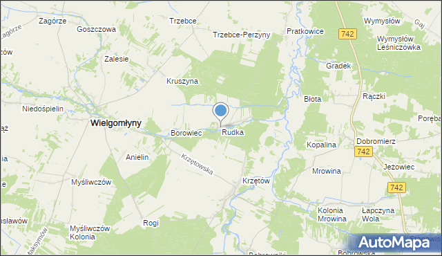 mapa Rudka, Rudka gmina Wielgomłyny na mapie Targeo