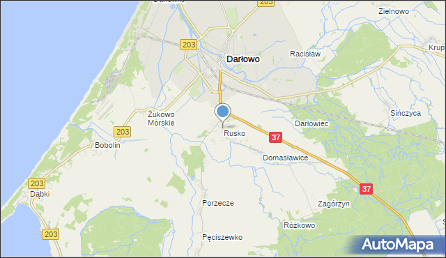 mapa Rusko, Rusko gmina Darłowo na mapie Targeo